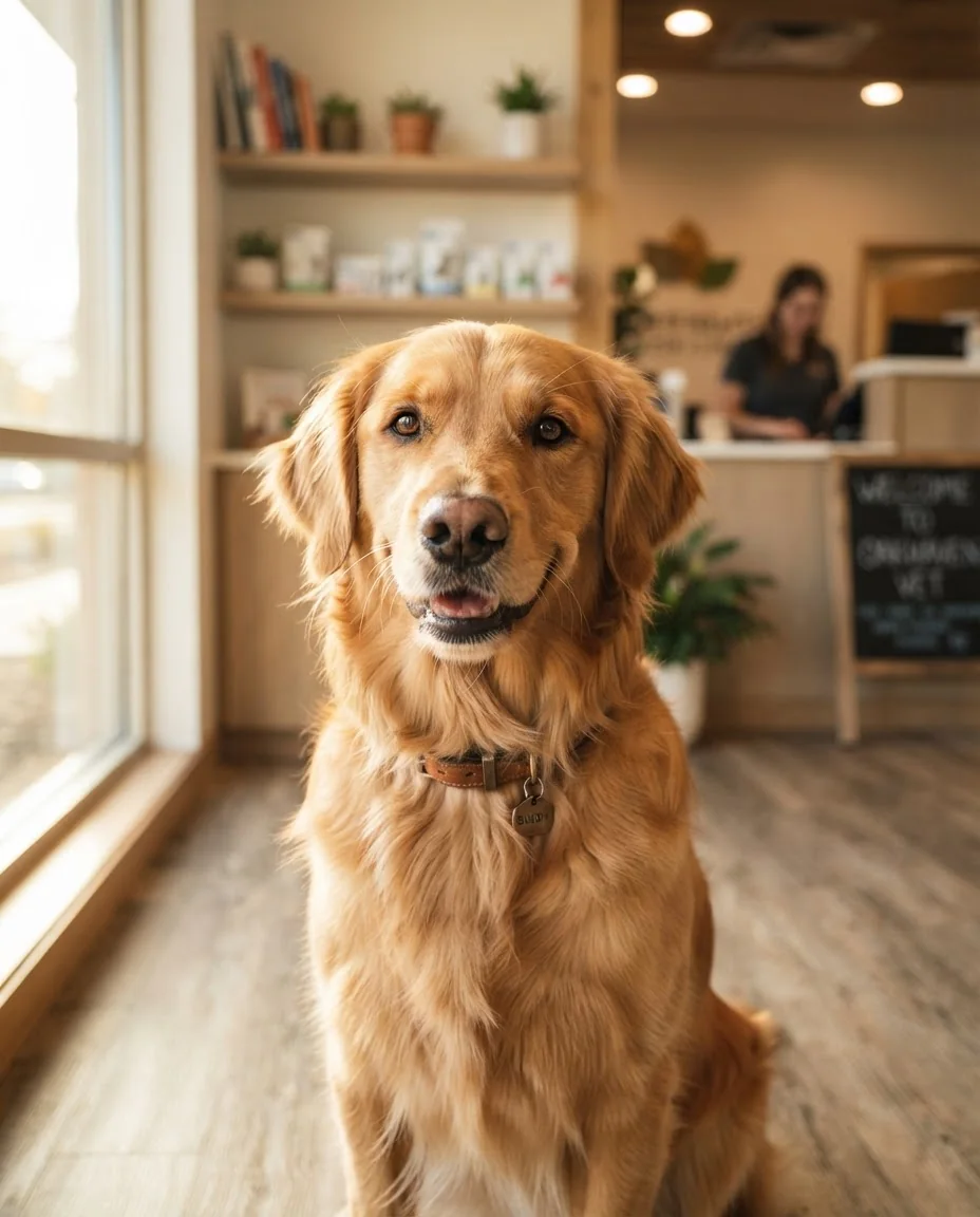 Perro golden retriever de mirada cálida, atendido en Veterinaria Claude Véricel
