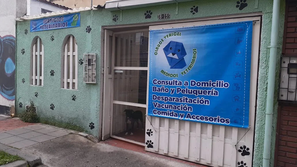 Fachada verde de Veterinaria Claude Véricel con el logo origami de perro y el listado de servicios